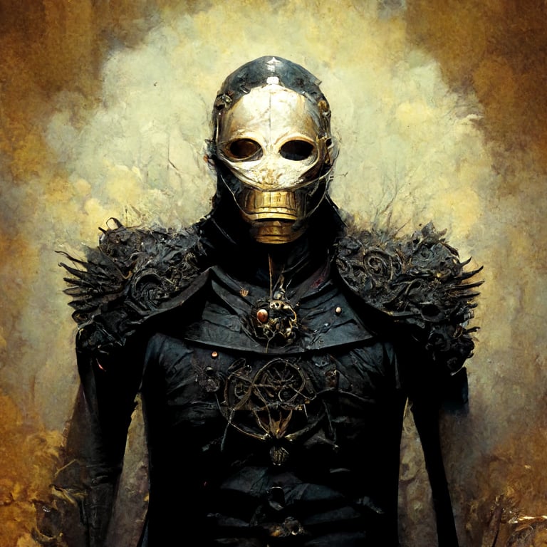 prompthunt: A creature in leather armor, he wears a mask of the god Janus.  Fantasy, glorious, gorgeous, grimdark