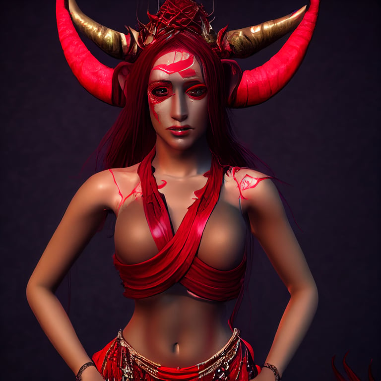 Tiefling belly dancer woman with red skin tail and horns no hooves no wings full body dynamic pose detailed face detailed body high detail photorealistic 8k