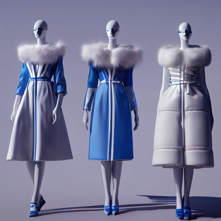 prompthunt: Three Views of Fashion Design Rendering , white clothing  mannequin, Blue and white dress, Glacier's clothing pattern, Fur fabric,  high-quality rendering, 3d, fine details, illustrations, lifelike, c4d, 8k