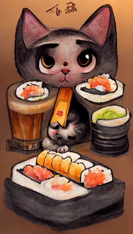 prompthunt: an adorable cat eating sushi at an Izakaya in chibi drawing art  style