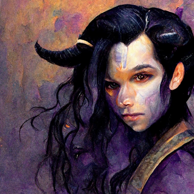 prompthunt dnd tiefling, long black hair, black eyes, thin, dark under