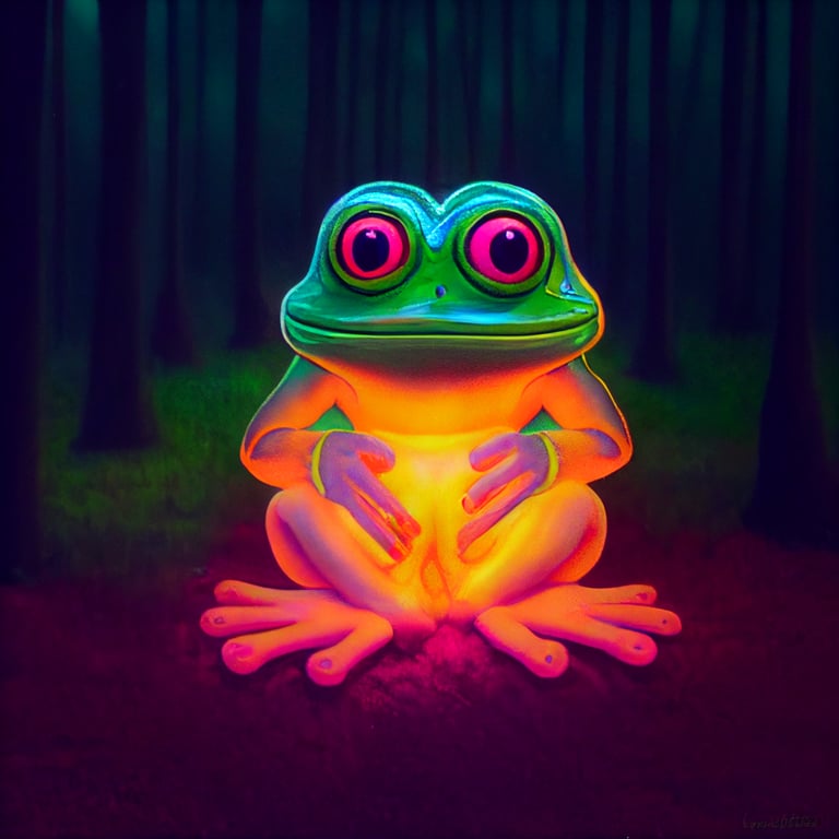 glowing pepe the frog sitting in forest