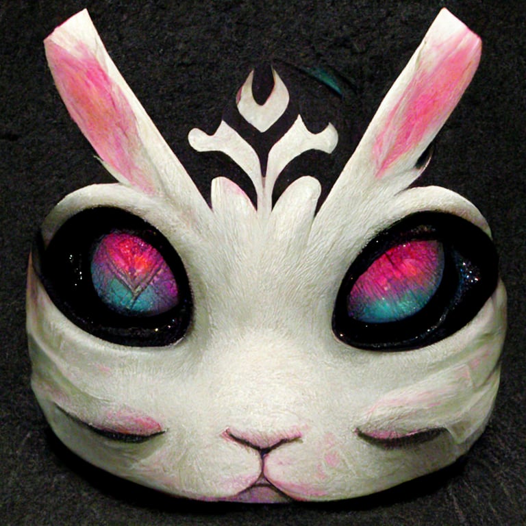 prompthunt: Cute colourful biomechanical animal deity mask with round  expressive eyes designed for witchcraft : black, with pink, and light green  colours : bunny : cute symbols : pagan motif : cyberpunk
