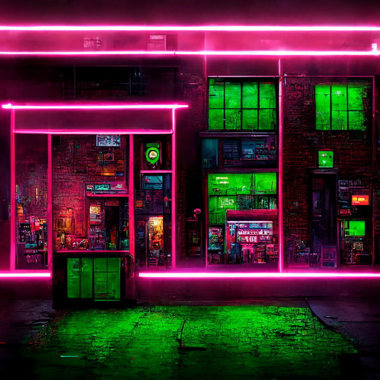 prompthunt: Magenta neon lights on right neon green lights on left