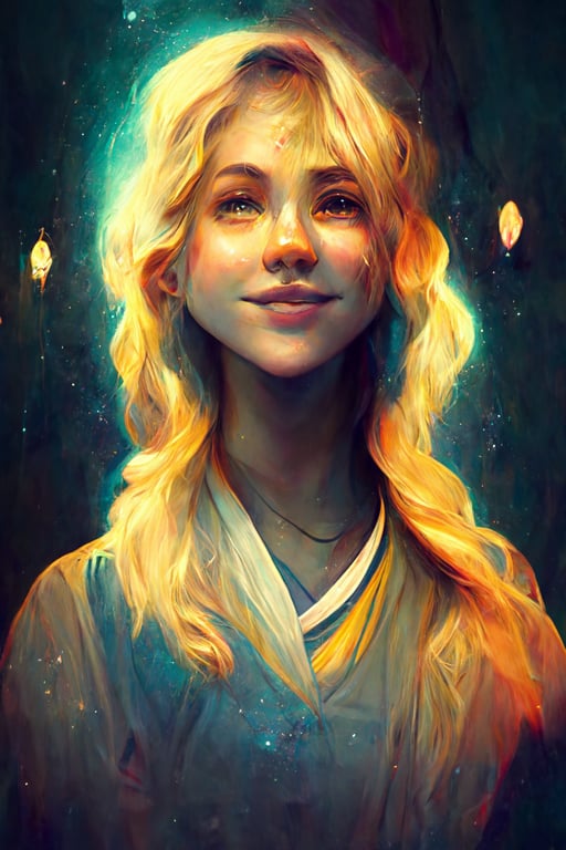 cheerful blonde wizard student girl in a celestial alcove, drawn by Charlie Bowater, dream guardian, happy expression, RPG character, portrait, illustration, high resolution, high octane render, unity unreal, 4k 8k, HDR