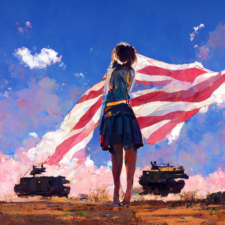 prompthunt: anime girl standing on an abrams tank waving the american ...