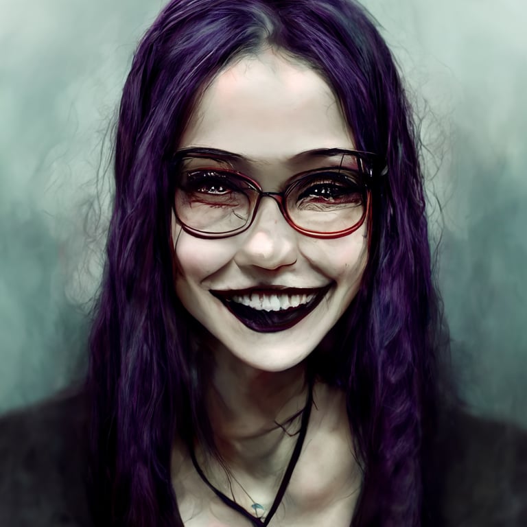 prompthunt: goth woman, purple hair, glasses, smiling