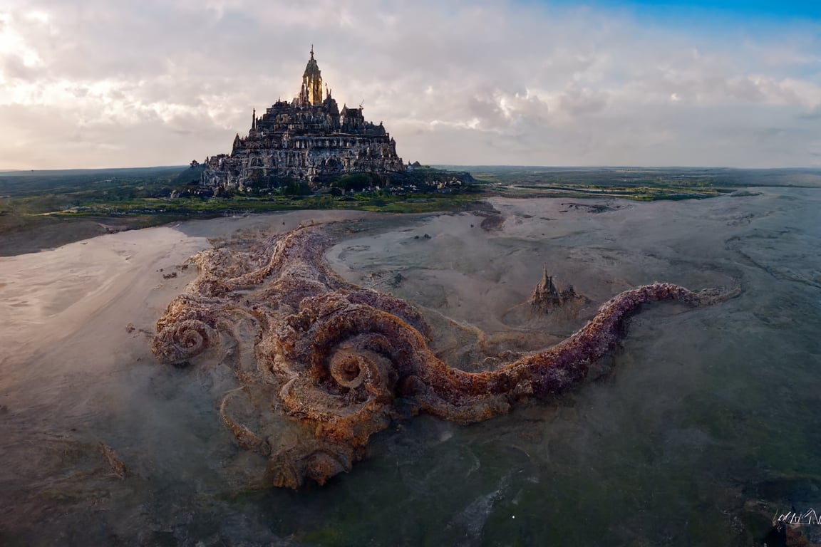 prompthunt: Mont Saint-Michel,colossal octopus in the background, drone  view, 8k, unreal, hd, alkane rendering