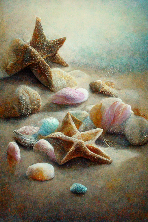star fish and sea shells on sandy Beach, pastels, soft, calming,