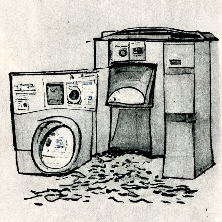 prompthunt: a person in back ground pulling their hair up losing your  pension in pants as they spin in a washing machine in a public laundromat,  cartoon in pen and ink, in