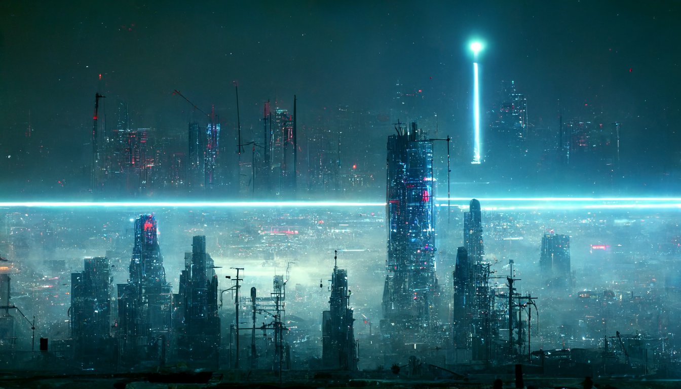 Cyberpunk, layered architecture, science fiction, city, mist, viewing angle, prosperous technology, illusory engine 5, realism, Blender, night, neon lights, alien star battlefield concept design "RESTART?": Cyberpunk city lights with "RESTART" written across the sky, red lettering, industrial base