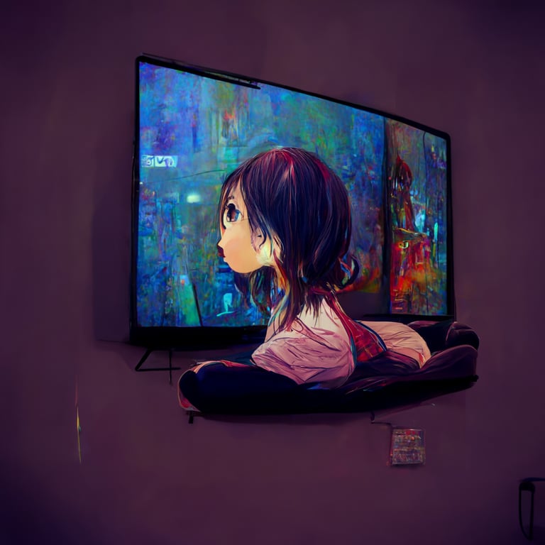 prompthunt: Anime girl watching TV, sitting on the floor, rear view,  detailed, perspective, detailed painting