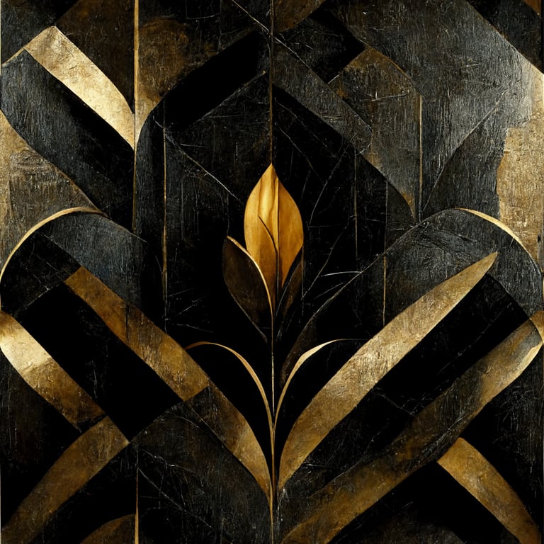 prompthunt reflecting golden art deco elements on fine black cardboard