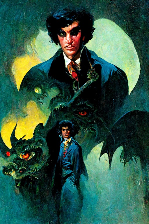 pulp cover Glen Orbik and Dean Cornwell and Earl Norem and James Avati painted portrait of a masculine young strong handsome vampire detective with a dragon ghost.