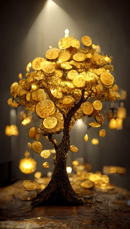 prompthunt A golden big tree hanging a lot of gold coins There