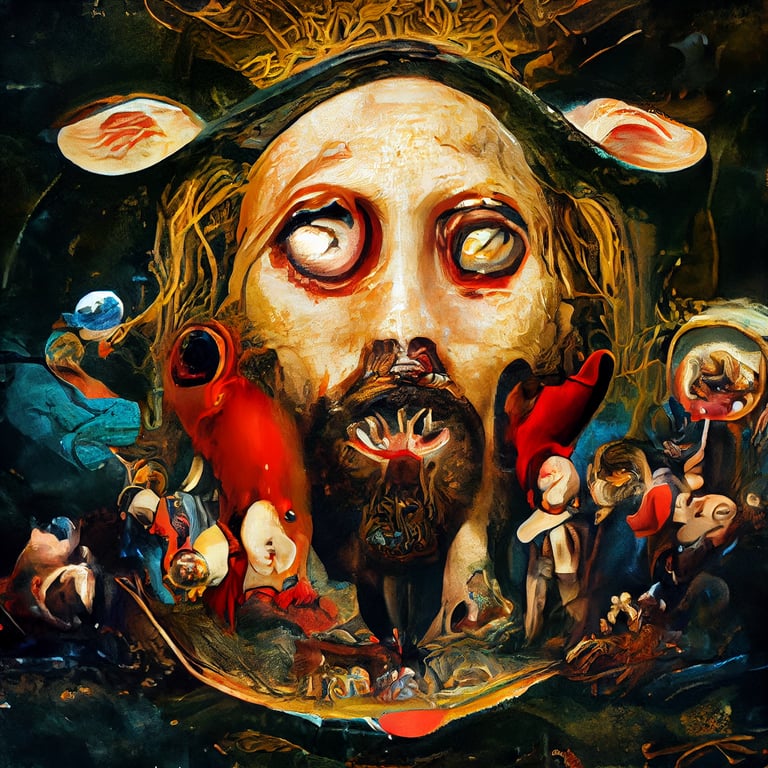 prompthunt: The head of jesus floating above his body surrounded by demonic  creatures, painted by hieronymus bosch, insanely detailed