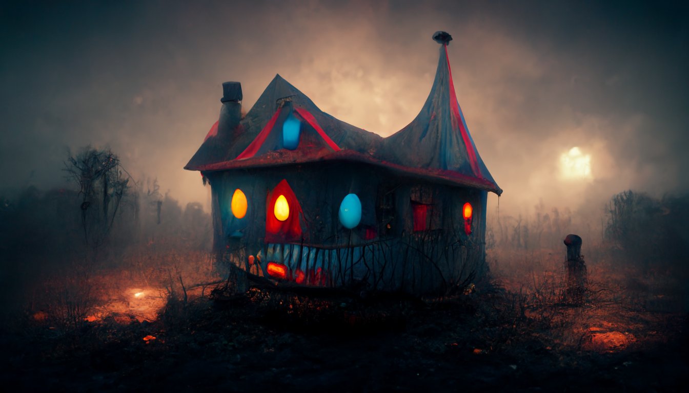 prompthunt scary clown house, dawn, sense of fright, sense of awe