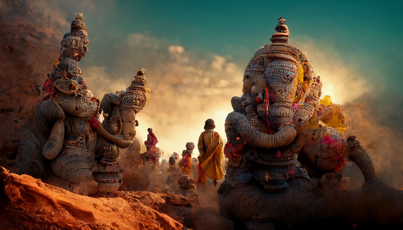 prompthunt: Masterpiece Vector Design+ humanoid ganesh+ magnificent+  walking in the desert near the temples of rajastan in India+ very colorful  and cheerful, ultra 8k, photography, VRay render, highly detailed,  photography, hyperrealistic, artstation,