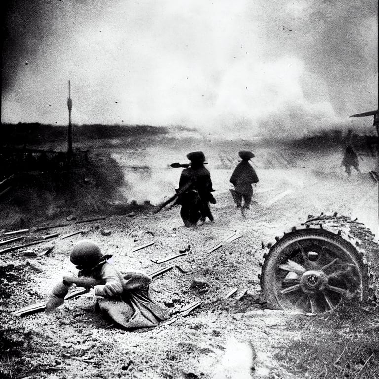ww1,black and white photography, bombardment,tank rolling, tire track,japanese girl crying