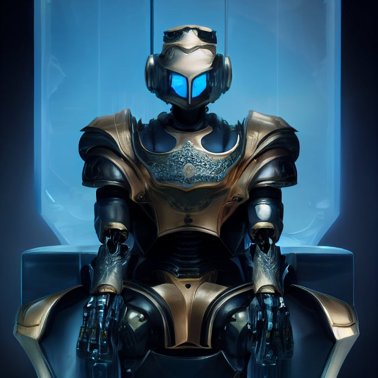 redaktionelle Afsnit håber prompthunt: scifi robot king sitting on opal throne, black male, opal  scales, wearing a black crown, opal plated armor, in a big castle, full  body portrait, realistic character concept, realistic blue eyes,