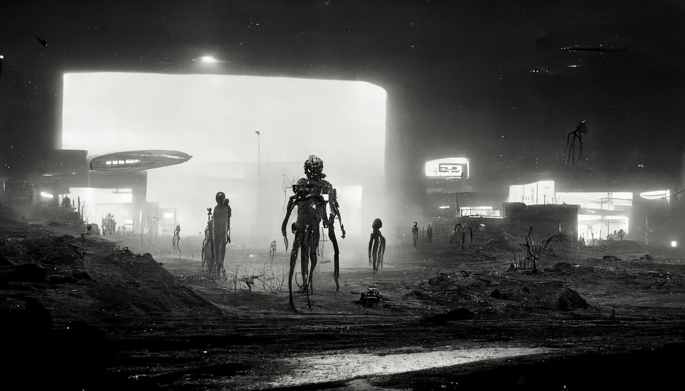 a dark+foreboding still image of area 51, liminal, futuristic, cyberpunk 2077, 8k, black and white photograph