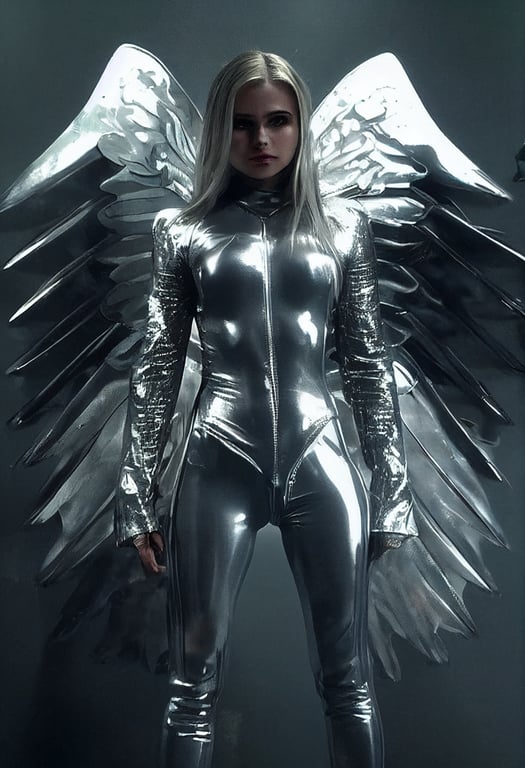 cinematic fantasy, silverhawk steelheart woman with silver chrome hair in skin tight chrome full bodysuit with large spread chrome wings, six pack abs, muscular fitness body, jennifer connelly chloe moretz megan fox emma watson taylor momsen