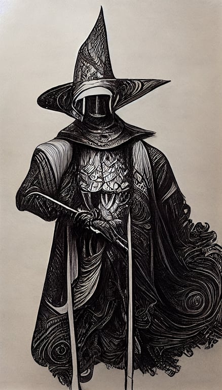 wizard knight fullbody black ink on paper fulllength monochrome sharp lines realistic intricatedetail headandbody paulkidby eugenesmith funny