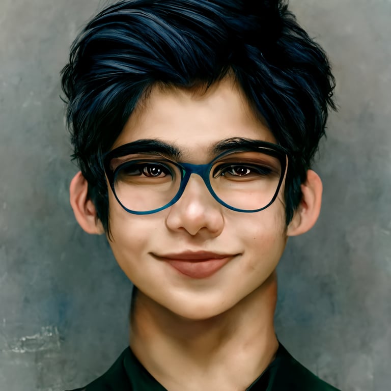 Teenage boy 175 cm brown eyes big lips small nose with white navel smooth black short hair wearing dark blue and black pants brown shoes wearing black glasses smiling