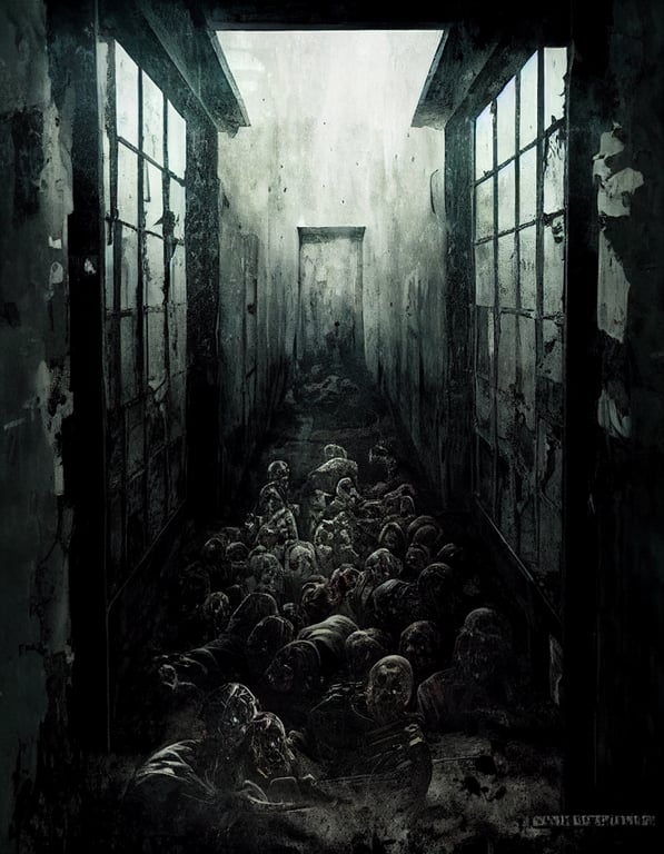 prompthunt abandoned prison with zombies, interior, scary, horror