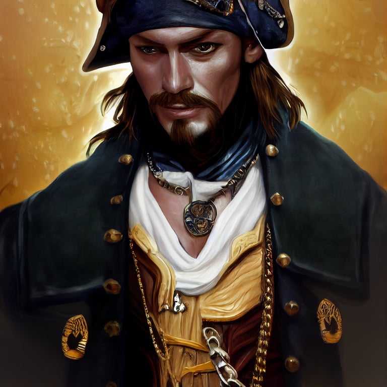 French male pirate with lots of jewelry,pirate captains outfit, realistic, fantasy art, dungeons and dragons, magic the gathering, artstation