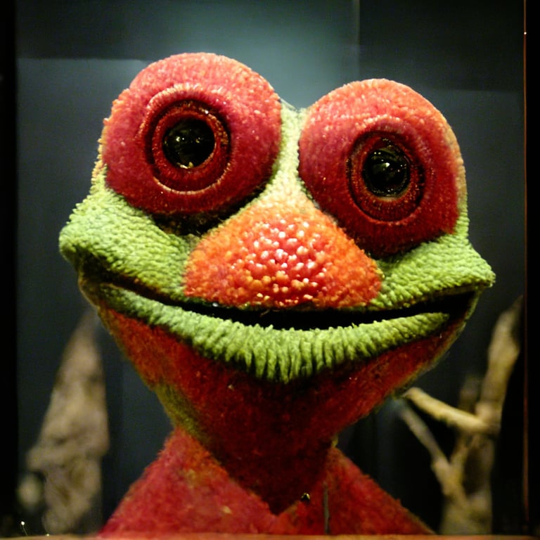 prompthunt: a hybrid of Kermit the frog and Elmo as shown in a museum of  natural history