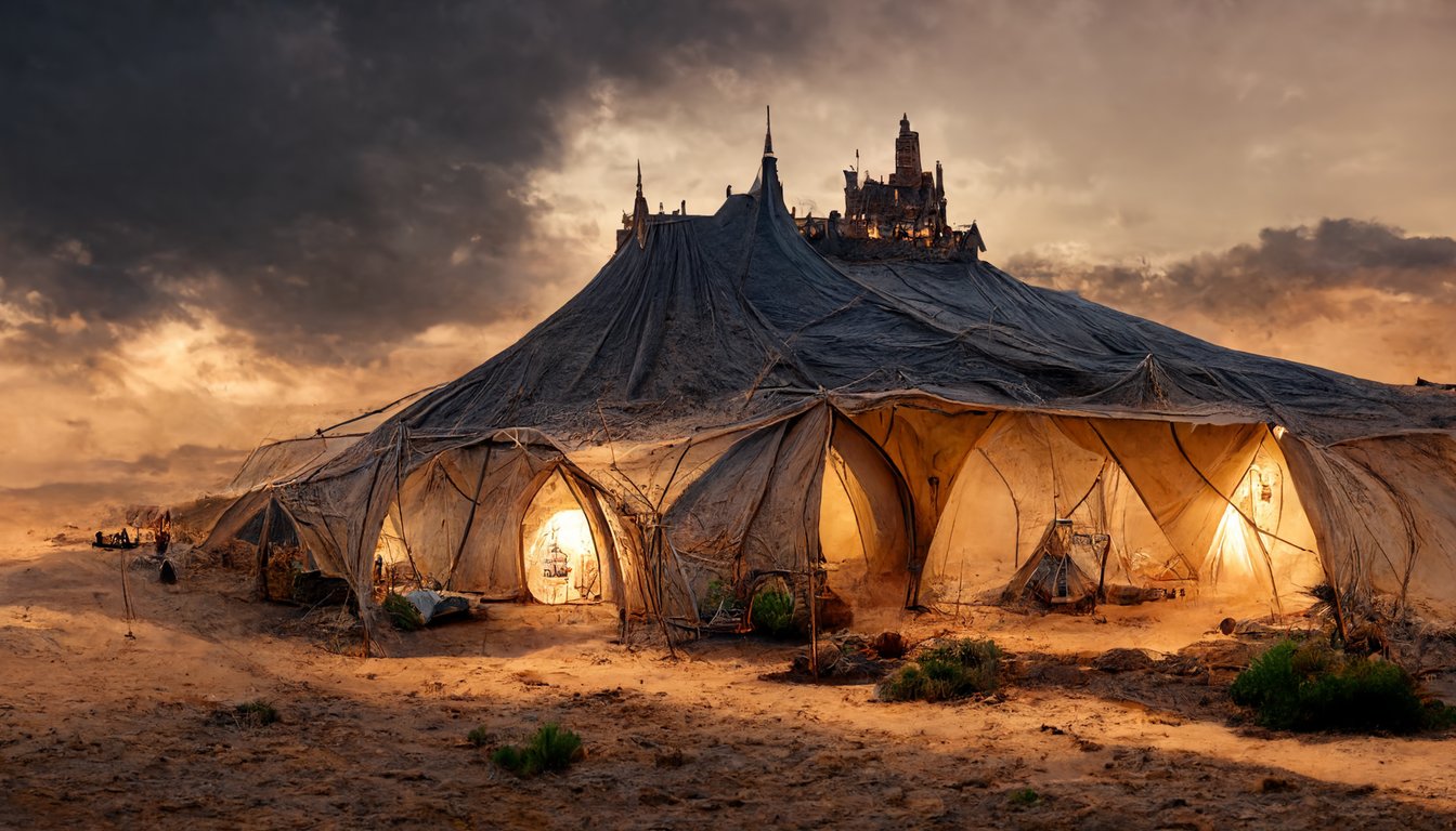 prompthunt: ghibli style, one gaint castle tent in middle of desert ,  around with hundred of small tents, city of tent, capitolis, fantasy,  dramatic lighting,realistic, ultra details, photorealism, cinematic  ,intricate details, cinematic