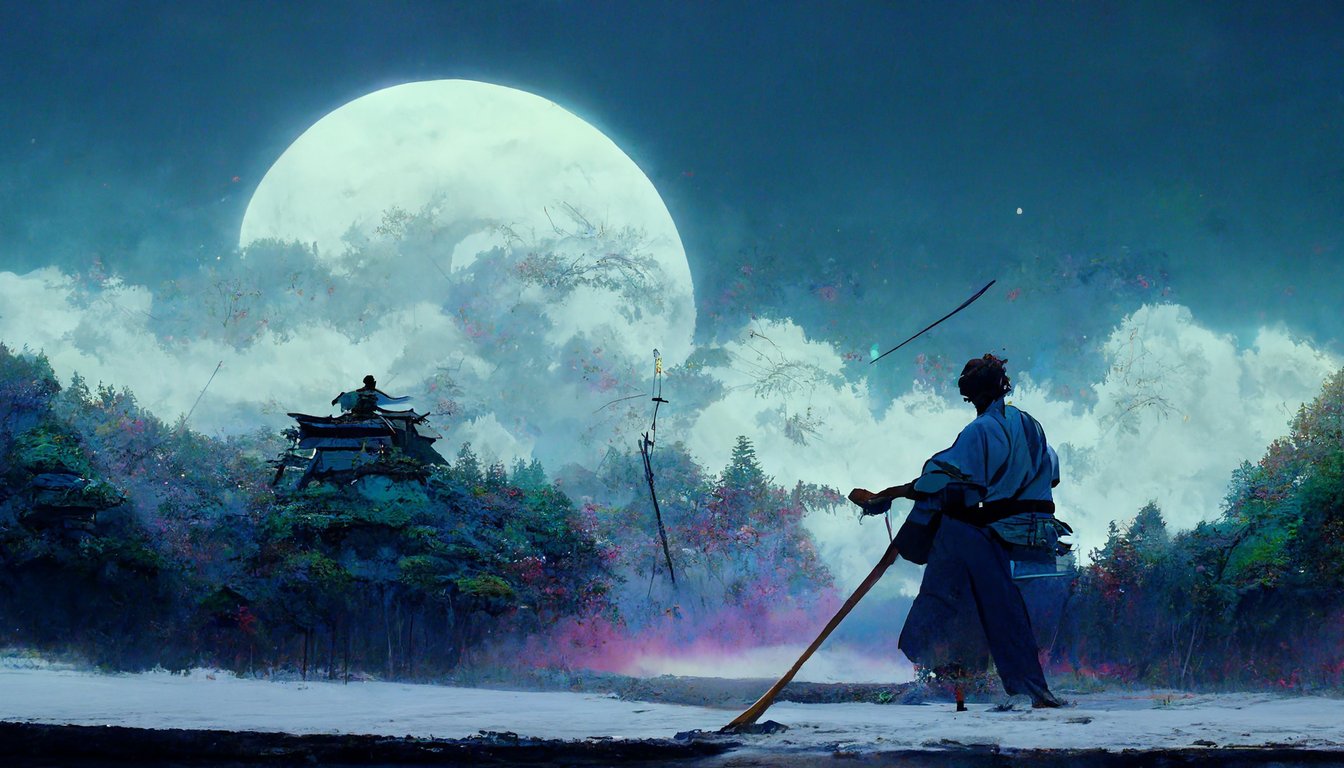 prompthunt: training samurai man holding a katana surrounded by magic,  powerful, cold colors, under a half moon, very detailed, in the style of  Makoto Shinkai, 8k, details, HD, detail, Japanese anime, studio