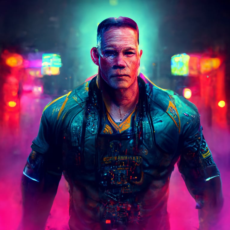 Cyberpunk 2077 John Cena holding a gun rain neon city background, body photo, photo realistic, 8k, unreal engine 5, hyper realistic, realistic face