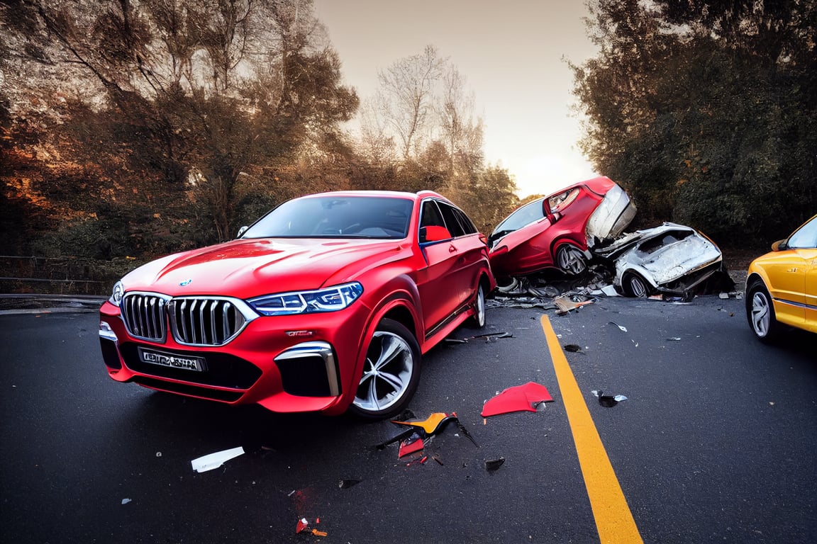 Full view. on the road on center of image a car accident with red bmw x6 and yellow audi q7 2022. unreal engine, crashed car, gran turismo, traffic accident. Photorealistic. Ultra realistic. Octane render. Ultra detailed. Volumetric. High quality.8K detailed photograph UHD, 32k, 16k, 8k, 3D shading, Tone Mapping, Ray Tracing Global Illumination, Diffraction Grating, Crystalline, Lumen Reflections, Super-Resolution, gigapixel, color grading, retouch, enhanced, PBR, Blender, V-ray, Procreate, zBrush, Unreal Engine 5, Cinema 4D, ROMM RGB, Adobe After Effects, 3DCG, VFX, SFX, FXAA, SSAO.