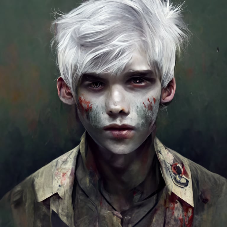 zombie apocalypse handsome boy, white hair