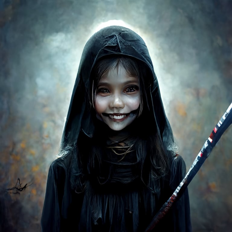 A cute Dark intimidating young boy like reaper