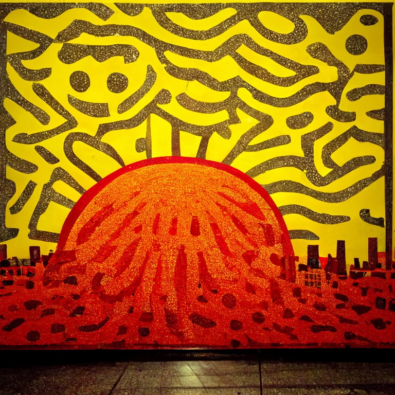 prompthunt: yayoi kusama meets Keith Haring meets Lichtenstein, NYC, sunset