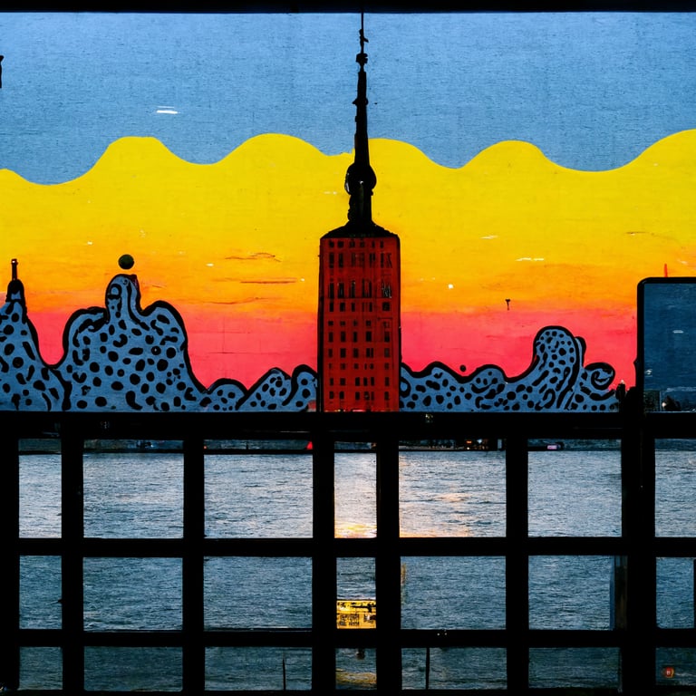prompthunt: yayoi kusama meets Keith Haring meets Lichtenstein, NYC, sunset