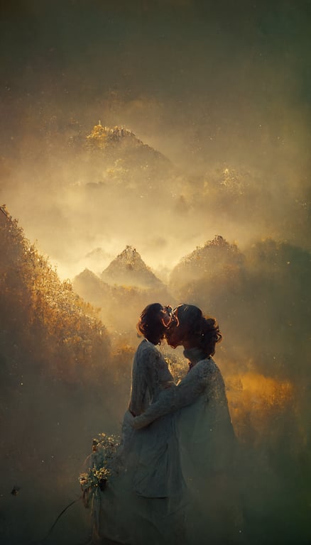 prompthunt: wedding kiss, soulmates with love everlasting ephemeral  lighting, photorealistic details, golden ratio, misty mountains below,  octane render,