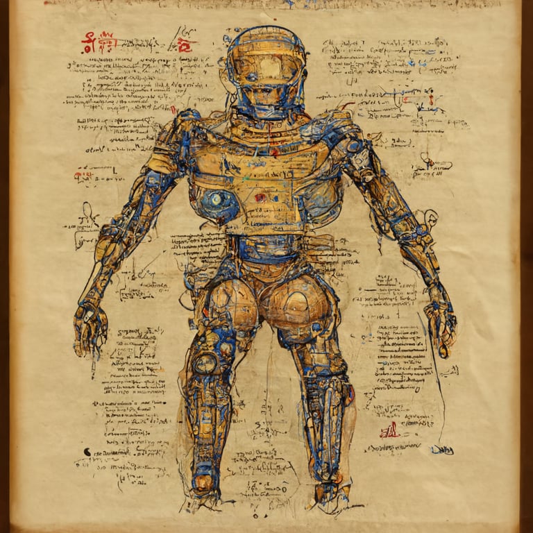 prompthunt: a drawing of a HUMAN ROBOT, by Leonardo Da Vinci, renaissance,  parchment paper, blueprint, illustration, intricate details, schematics,  annotations, cross section, hd, 8k, realism