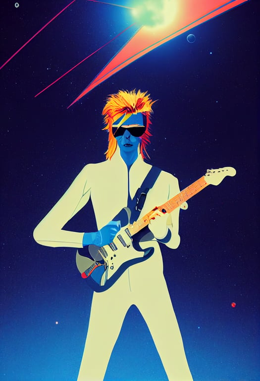 prompthunt: David Bowie as Starman wearing a blue space suit and playing  guitar, spiders hanging off guitar, by ilya kuvshinov, clean vector art,  hyperdetailed face, dramatic lighting