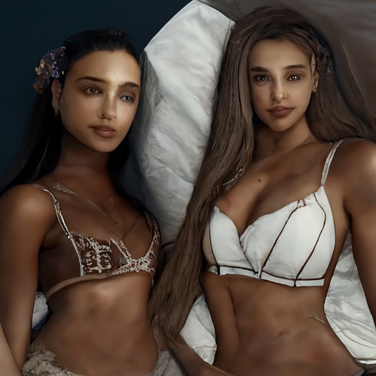 prompthunt: two separate swimwear models played by Irina Shayk and Ariana  Grande laying on a bed touching each other, wearing lace, ultra resolution,  perfect face, ultra details, detailed skin, anatomical correct, amazing