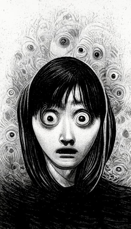 prompthunt: person waking up scared illustrated in black and white by junji  ito,