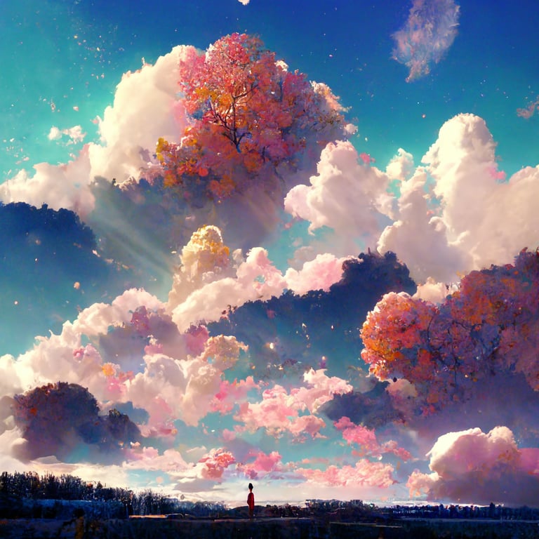 prompthunt: cinematic strong lighting, atmosphere, clear blue sky and clouds  with complementary color gradation, magnificent, distant view, anime style,  high saturation, high brightness, fantastic, anime