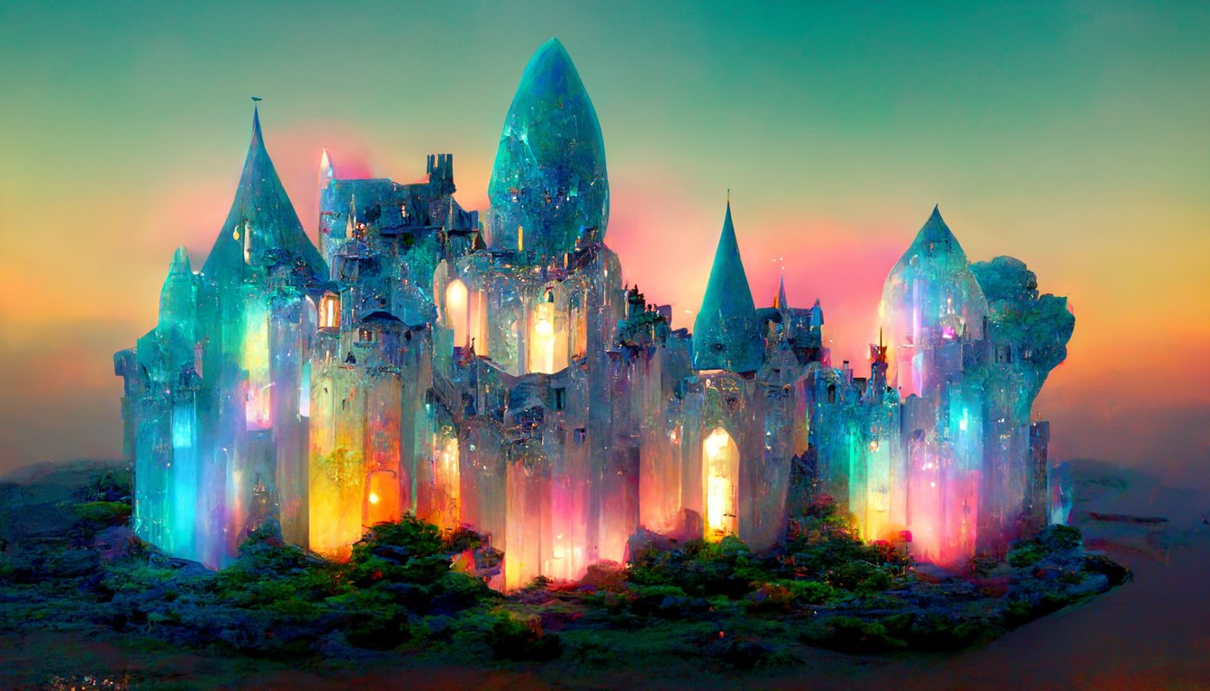 prompthunt: architectural model, majestic opalescent castle crafted from  melting opal, beautiful sky, magical lights, sun rays, rich colors,  centered, isometric, fantasy, elegant, illuminated, accent lighting, octane  render, 3D model, cover art, product