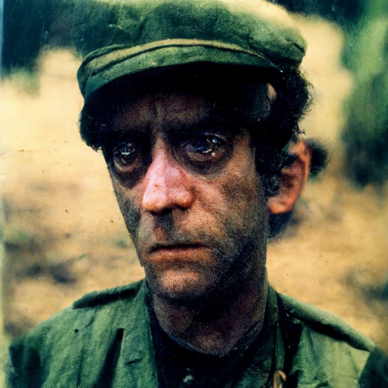 kubrick stare, thousand yard stare, ptsd, trauma, traumatic face, traumatized man, sad 1970’s vietnam war film photograph, old school photograph of a soldier, trauma stare, blank face stare