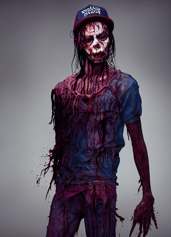 prompthunt: zombie , undead , full body 1980s rap fashion , grotesque,  putrid, rotting face , beautiful colored clothing , stylish fashion,  extremely detailed hair, jewelry, extremely detailed clothing,  photorealistic, ultrarealistic, cinematic,
