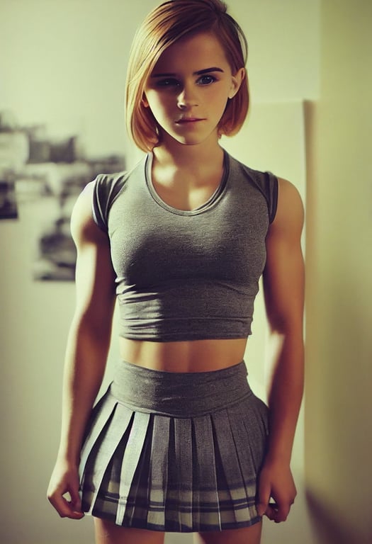 prompthunt: beautiful young Emma Watson bodybuilder blonde young teen  schoolgirl with a big chest and big muscular arms and muscular legs wearing  a tight shirt that pushes up her huge chest, six
