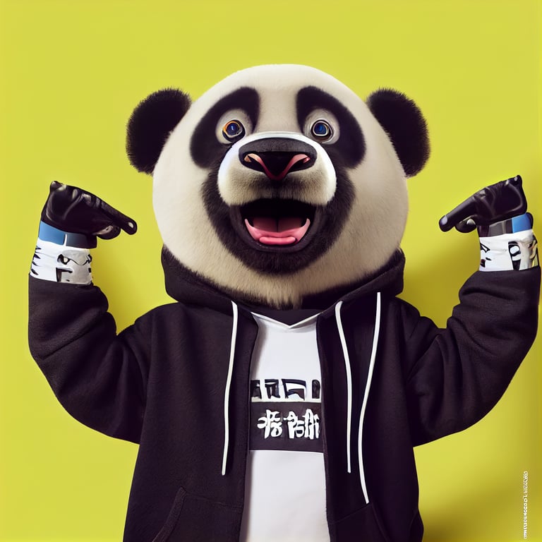 anthropomorphic panda character in Pixar style wearing rapper clothes, studio photography style, hyper realistic